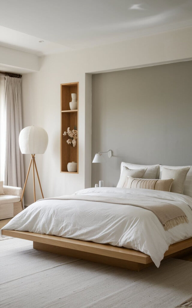 A photo of a Japandi-style bedroom with a monochromatic palette of soft whites, light grays, and beiges. The room features a wooden platform bed with a white duvet and beige throw pillows. There's a grey accent wall with a built-in wooden shelf. The room also has a beige area rug and a white floor lamp. The walls and ceiling are painted white.