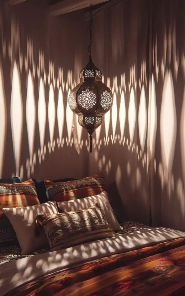 A photo of a boho bedroom with a cozy bed. The room is illuminated by a hanging Moroccan lantern, which casts intricate shadows around the bed. The lantern's metalwork creates a beautiful lighting effect, highlighting the room's patterned bedding and soft textures. There are warm hues and decorative pillows in the room, making it a serene, exotic retreat ideal for unwinding.