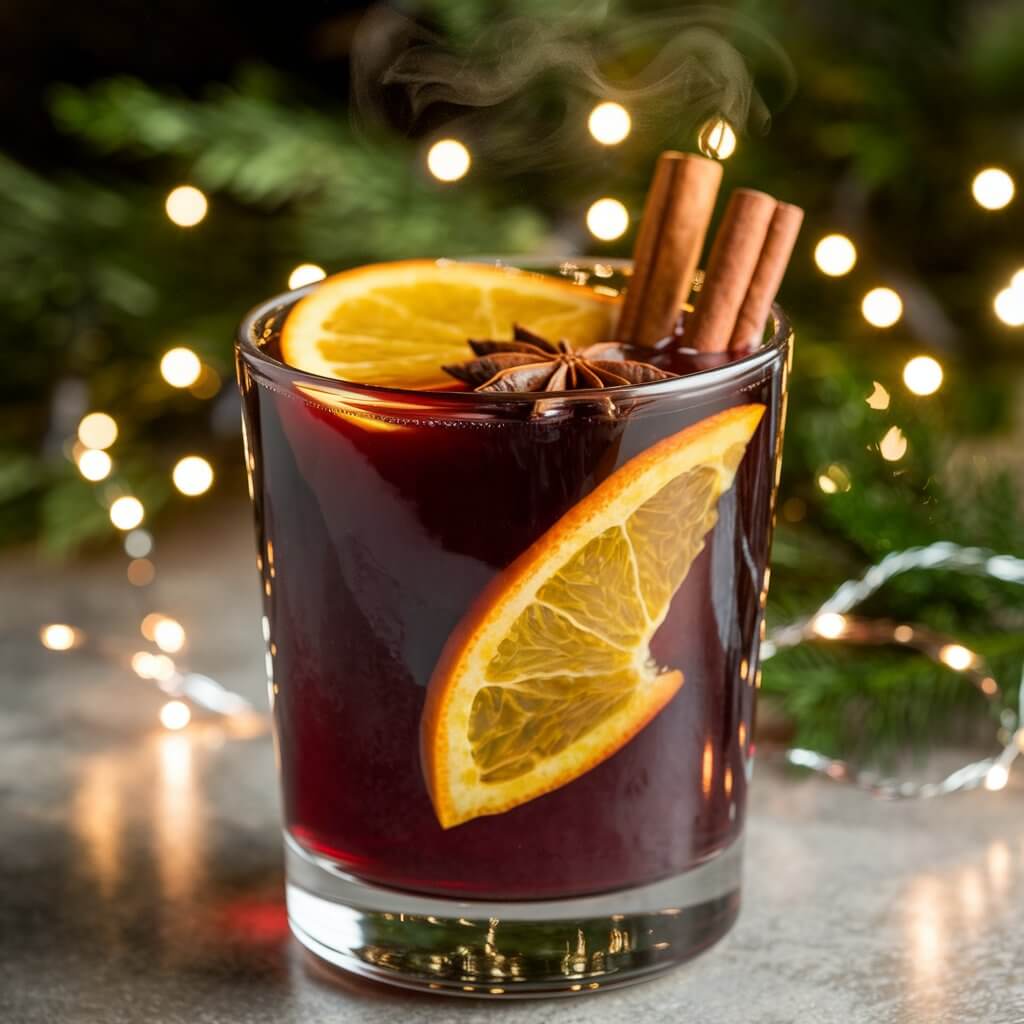 A glass of deep red mulled wine cocktail garnished with orange slices, cinnamon sticks, and star anise. Steam rises from the drink. The glass is set against a background of winter greenery and twinkling Christmas lights, creating a warm, festive ambiance.