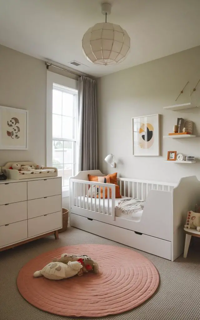 A small toddler bedroom with multi-functional furniture, including a convertible crib and a dresser that doubles as a changing table. The cozy toddler bed design adjusts with the child's growth, offering a practical and space-saving solution in this compact, well-organized room.