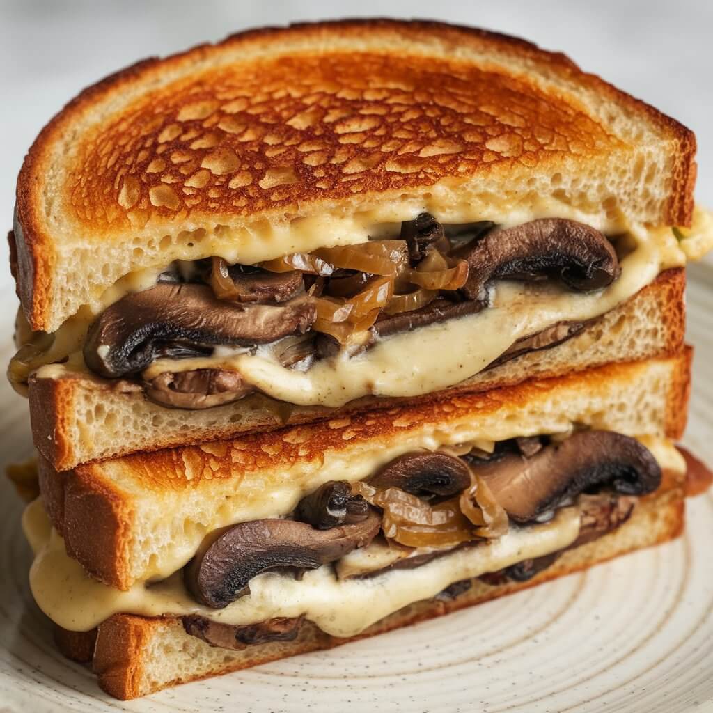 A photo of a grilled cheese sandwich cut in half and stacked. The golden-brown, crispy bread has a buttery sheen. The filling is rich and savory, with melted Swiss cheese, sautéed mushrooms, and caramelized onions. The mushrooms are dark brown, and the caramelized onions are golden-brown. The melted cheese is gooey and stretchy, binding the filling together and oozing out slightly from between the bread slices. The sandwich is on a white ceramic plate.