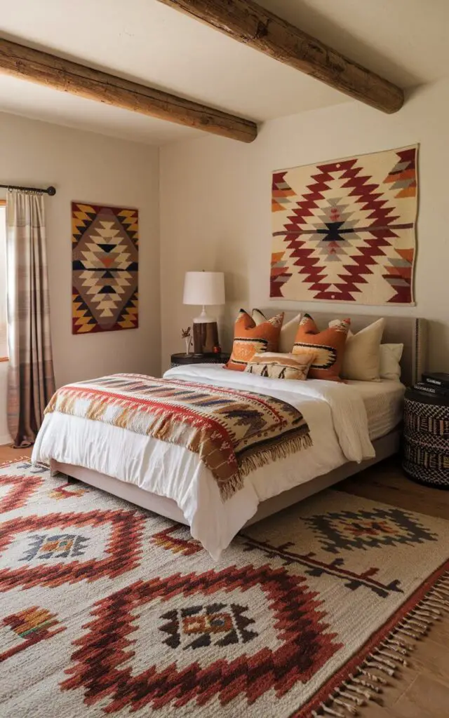 A cozy Southwestern bedroom with a comfortable bed, surrounded by Native American-inspired patterns. The room features geometric rugs, throw blankets, and wall art in bold, earthy tones, all of which pay homage to the traditional patterns of the Southwest.