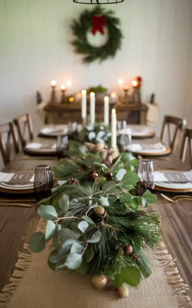 A rustic Christmas dining table in a farmhouse-style dining room, decorated with pine branches, eucalyptus, and acorns as part of the centerpiece. The natural elements are laid over a burlap table runner, adding texture and an organic feel to the space. Wooden chairs, candlelight, and a festive wreath on the wall complete the earthy, festive vibe.