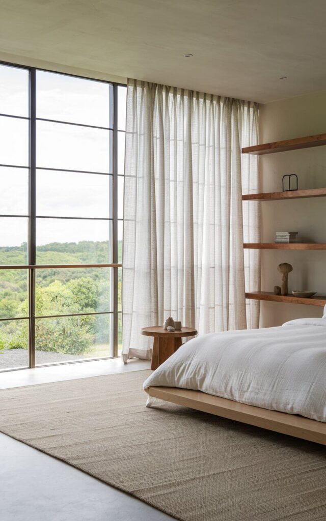 A photo of a Japandi-style bedroom with a neutral color palette. The room has a large bed with a wooden frame and a white duvet. There's a small wooden side table next to the bed. A beige rug covers the floor. The walls are partly covered with wooden shelves. Large, floor-to-ceiling windows with light linen curtains let in natural light. The windows overlook a lush green landscape.