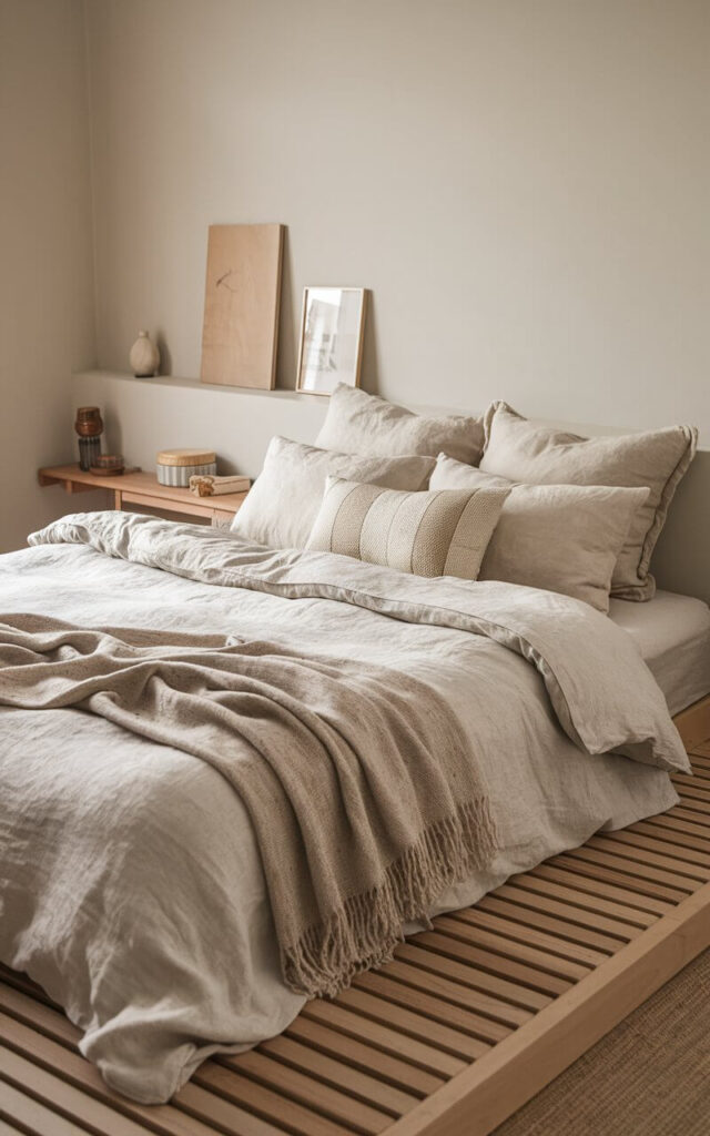 A Japandi bedroom with soft linen bedding, a wool throw, and natural cotton pillows. The neutral tones of the textiles enhance the room’s calming atmosphere, adding texture and comfort while maintaining the minimalist design. The room features a platform bed with wooden slats, a few pieces of furniture in natural wood tones, and a few decorative items. The walls are painted in a soft neutral colour.