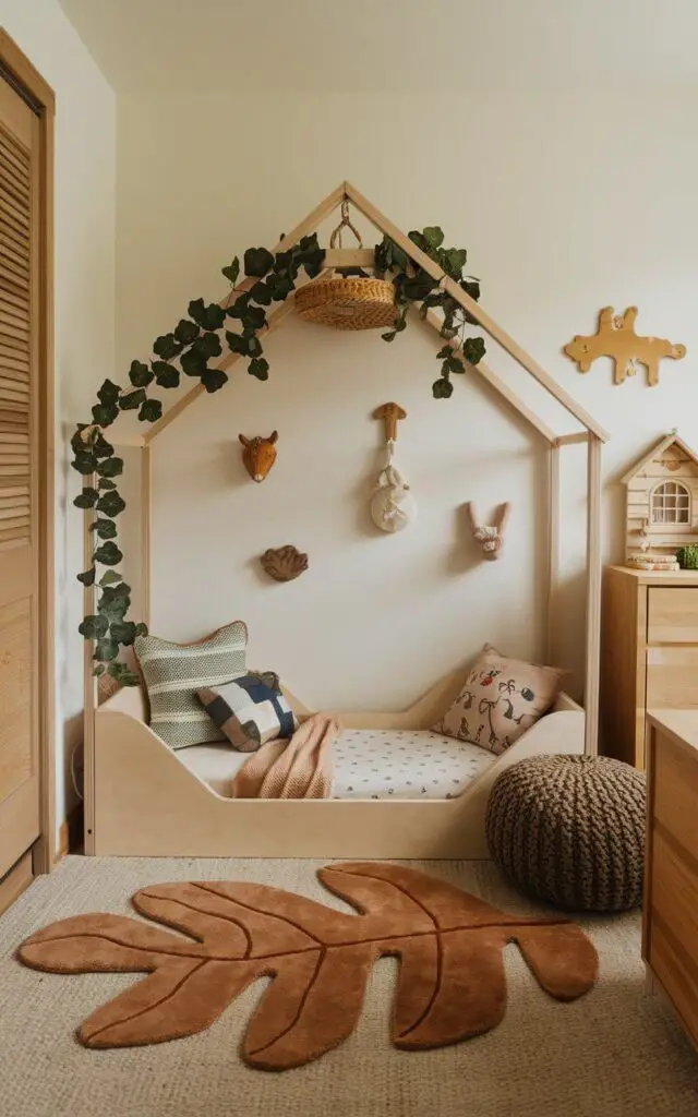 A small toddler bedroom with nature-inspired decor. There's a cozy toddler bed design, framed by a leaf-shaped rug and animal-shaped wall hooks. The room has wooden furniture and natural tones, giving it a fresh, outdoorsy feel. The room is a relaxing and playful retreat for the child.