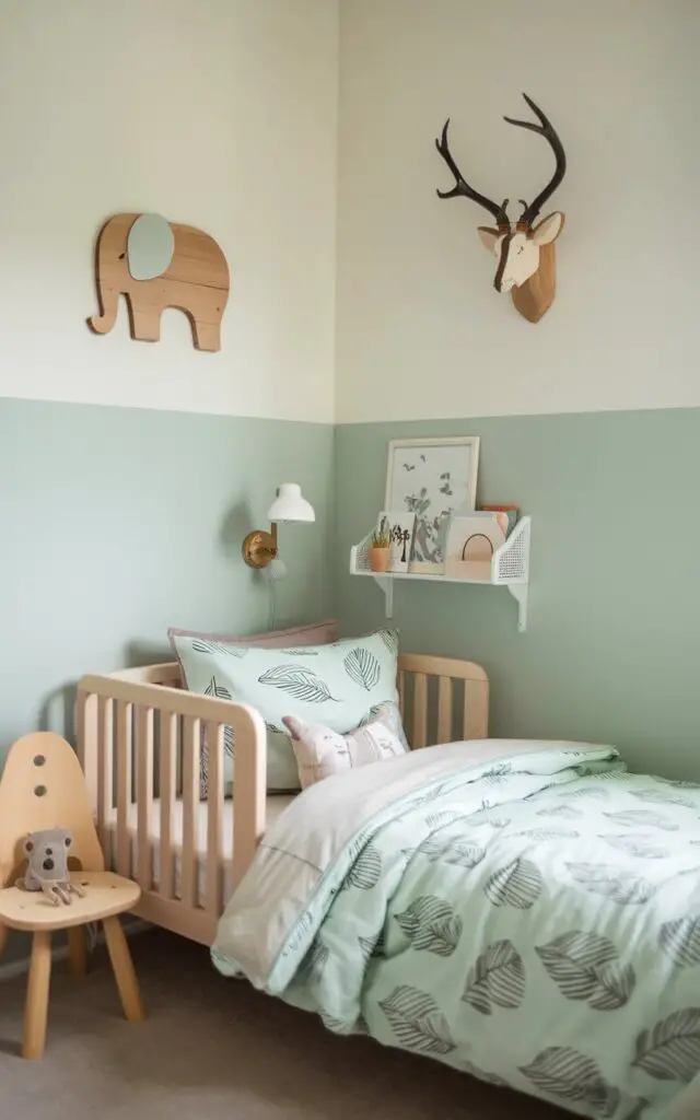 A photo of a small, gender-neutral toddler bedroom decorated in calming pastel tones of mint green and light gray. The cozy toddler bed is dressed in neutral bedding and features a leafy print. The wall decor is animal-themed, with a wooden elephant and a mounted deer head. The room also contains a small chair, a lamp, and a few toys.