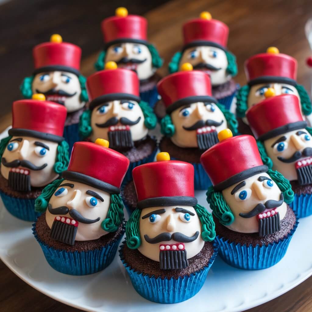 A photo of a plate of intricately decorated cupcakes. Each cupcake features a small face of a nutcracker soldier, with colored icing and fondant details, including the nutcracker's eyes, mustache, and bold red hat. The cupcake liner is deep blue, complementing the holiday color scheme. The background is a wooden table.