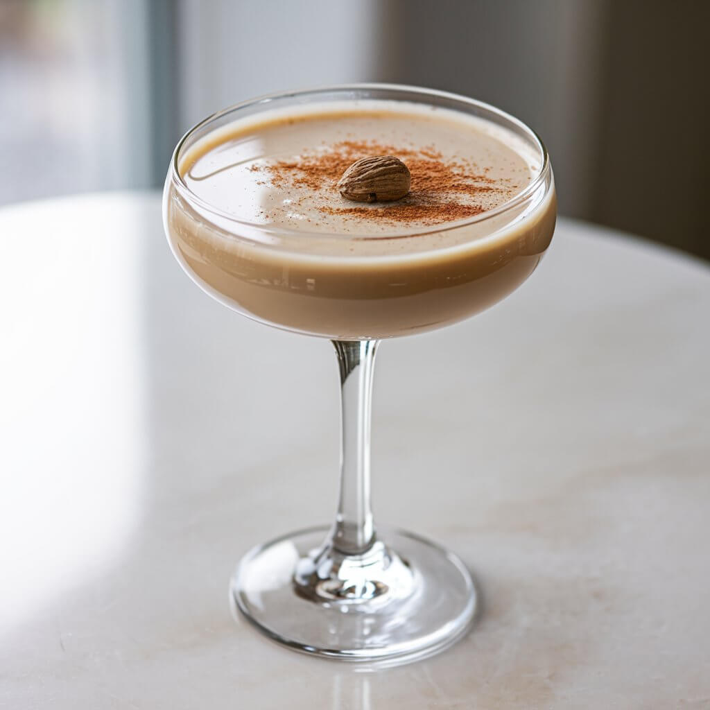 A photo of a nutcracker martini cocktail in a martini glass. The cocktail is a creamy, nutty-colored drink, garnished with a light sprinkle of cinnamon and a whole nutmeg. The glass sits on a bright white table.