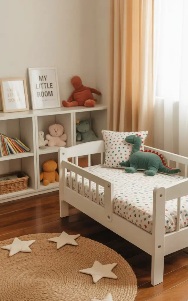A photograph of a cozy toddler bedroom bathed in soft, natural light, focusing on a white wooden toddler bed with colorful polka-dot bedding and a plush dinosaur pillow. The bed sits beside open display shelving filled with neatly arranged color-coordinated books, soft toys, and framed photos featuring "My Little Room" printed on one photo. A jute rug with star accents covers part of the hardwood floor, complementing the simple curtains with a subtle pattern, creating a warm and joyful vibe.