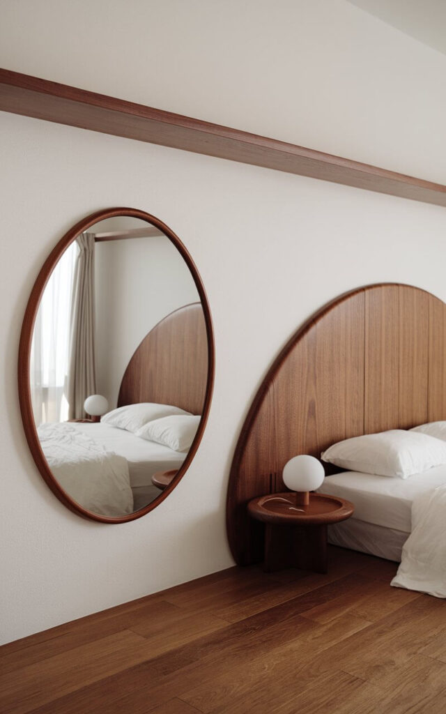 A Japandi bedroom with a curved wooden headboard and a round mirror. The room has a minimalist design with clean lines. The organic shapes of the headboard and mirror soften the space, adding warmth and a welcoming touch to the design. The room has a wooden floor and white walls. There is a wooden shelf above the bed. The bed has a white mattress and white sheets. There is a white lamp on the nightstand.