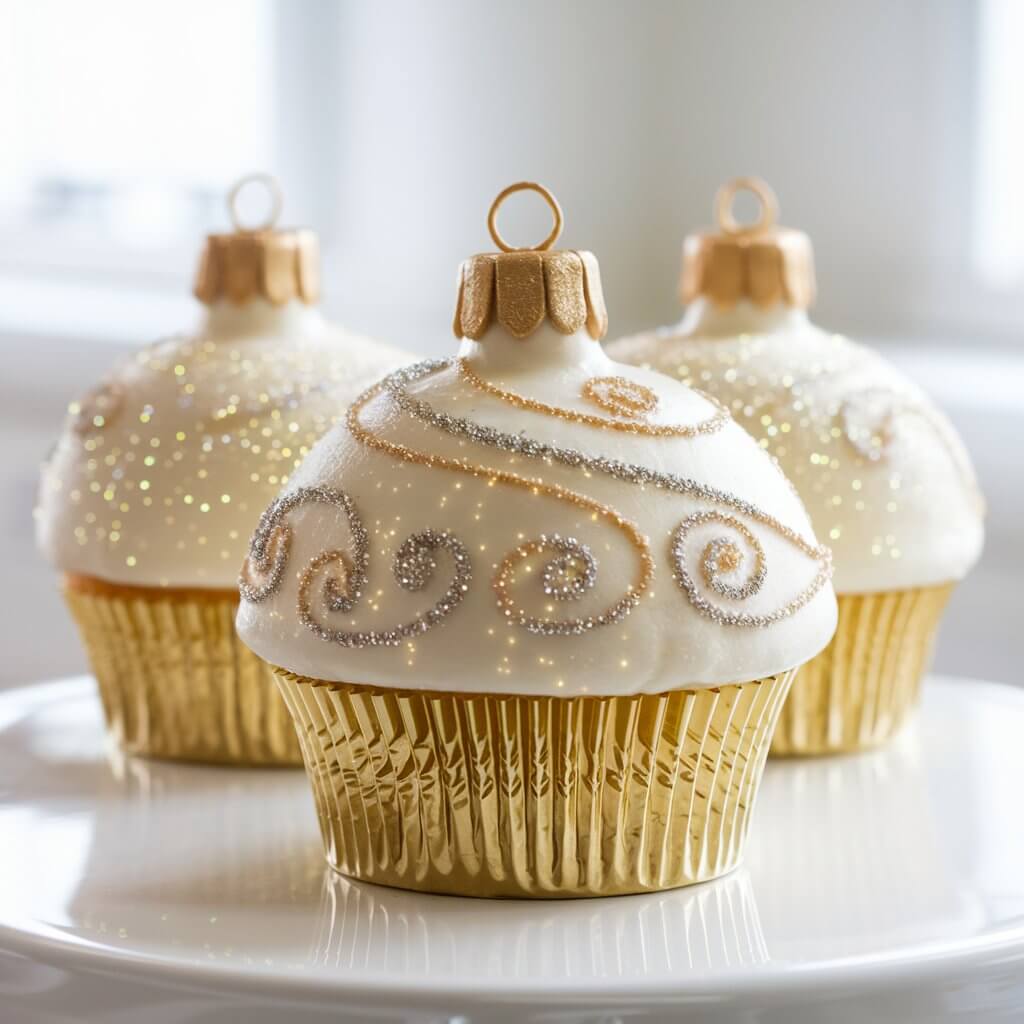 A radiant cupcake styled like a Christmas ornament is placed on a bright plain white kitchen countertop, glowing under the gentle natural light that brings out its bright, metallic tones. The frosting is smooth and flawlessly domed, covered in a fine shimmer of edible glitter that reflects tiny points of light like polished glass. Swirling designs in edible gold and silver are piped across the surface, mimicking the ornate decorations of a traditional ornament. At the very top, a small gold fondant “cap” completes the look, perfectly replicating the top of a hanging bauble. The cupcake’s liner is simple and understated, allowing the frosting’s reflective beauty to dominate the image. The overall impression is one of elegance, sparkle, and holiday sophistication. There are three of them and they are placed on a white cake stand.