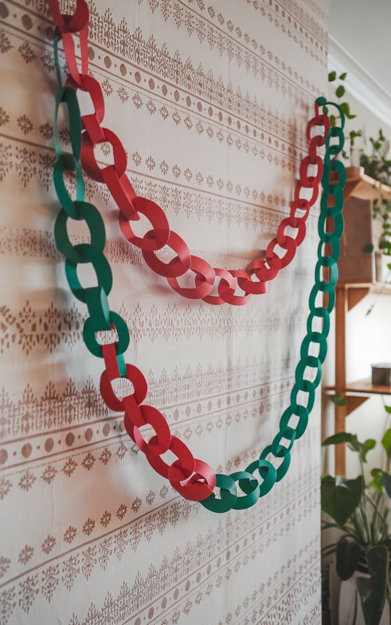 A photo of a long paper chain garland in red and green loops draped across a wall. The loops are made of red and green paper and are linked together. The garland is draped across a wall with white and beige patterns. The background reveals a room with a wooden shelf and a potted plant.