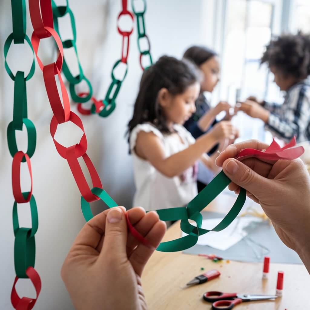 A photo of a long paper chain garland in red and green loops draped across a wall. There are kids in the background linking strips of paper together. Scissors and glue sticks are scattered on a table, highlighting the simplicity and fun of this Christmas craft.