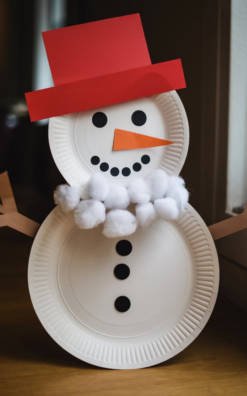 A photograph of a charming paper plate snowman craft sitting on a wooden surface. The snowman is made from three white paper plates of decreasing sizes stacked vertically, with fluffy white cotton balls arranged as a cozy scarf around the middle section and small black buttons for eyes and a cheerful smile. A bright red construction paper hat sits jauntily atop the snowman's head, with additional orange construction paper forming a classic carrot nose. Soft natural lighting illuminates the handmade creation, casting gentle shadows that emphasize the texture of the cotton balls and the clean edges of the paper plates.