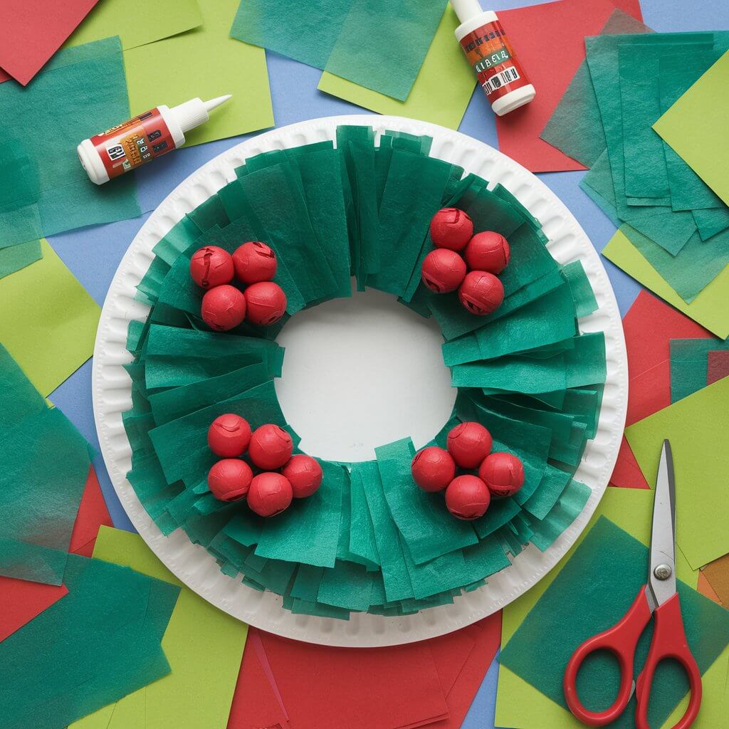 A photo of a vibrant paper plate wreath craft with green tissue paper and red berries made from construction paper. The wreath is surrounded by glue sticks, tissue paper squares, and scissors, showing the colorful steps involved in creating this classic holiday craft.