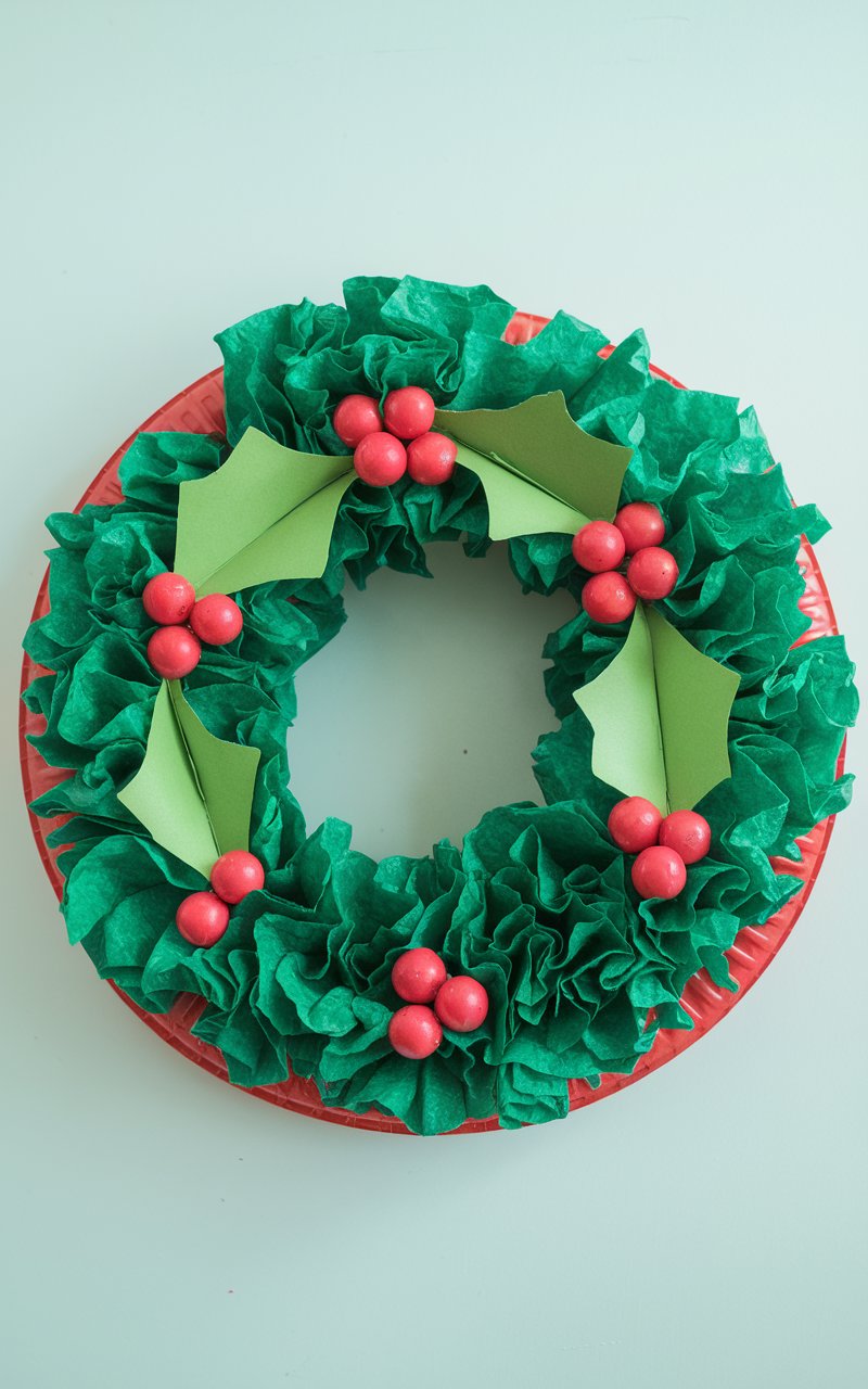 A photo of a vibrant paper plate wreath craft with green tissue paper and red berries made from construction paper. The wreath is placed on a plain white table, showcasing the colorful steps involved in creating this classic holiday craft.