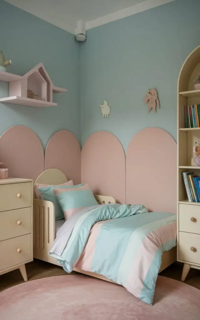 A photo of a small toddler bedroom with a calming pastel color scheme of soft blue and blush pink. The cozy toddler bed is dressed in matching pastel bedding. The room features light wooden furniture, including a dresser and a bookshelf. The walls are adorned with a few simple decorations. The room is illuminated by soft lighting.