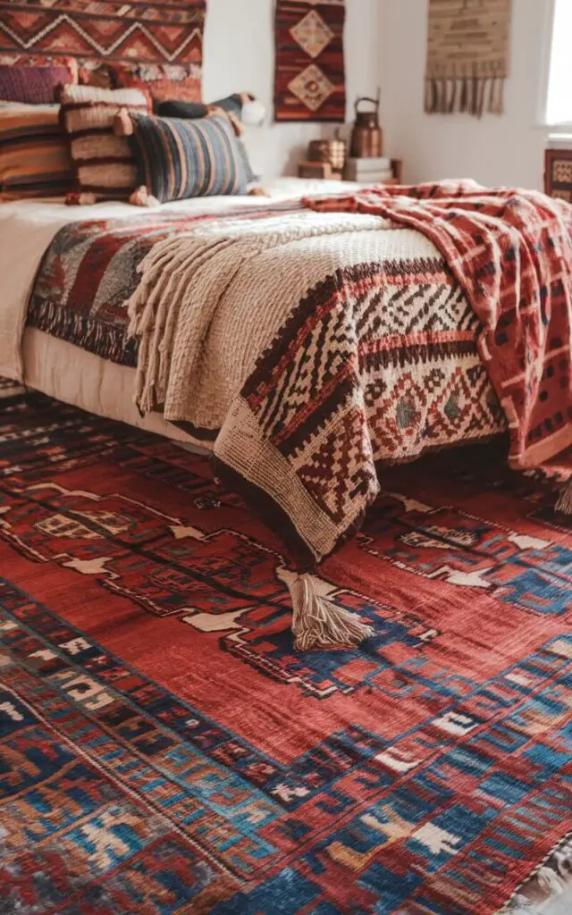 A photo of a vibrant boho bedroom with a cozy bed atop a large, patterned rug. The rug has intricate geometric designs in warm reds, blues, and creams. The bed has a textured blanket and a mix of patterned pillows. There are also a few decorative items on the bed and a wall. The room has a warm and inviting ambiance.