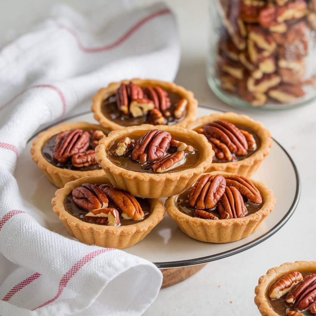 A photo of a white plate with several small pecan pie tarts. Each tart has a golden, buttery crust and is filled with a rich, caramel-colored filling topped with chopped pecans. The filling has a glossy, syrupy texture. The plate is placed on a white surface, and a folded white towel with red stripes is draped beside it. In the background, there is a glass jar filled with more chopped pecans, slightly blurred. The overall composition highlights the tarts' inviting appearance, with the textures and colors of the pastry and filling contrasting beautifully.