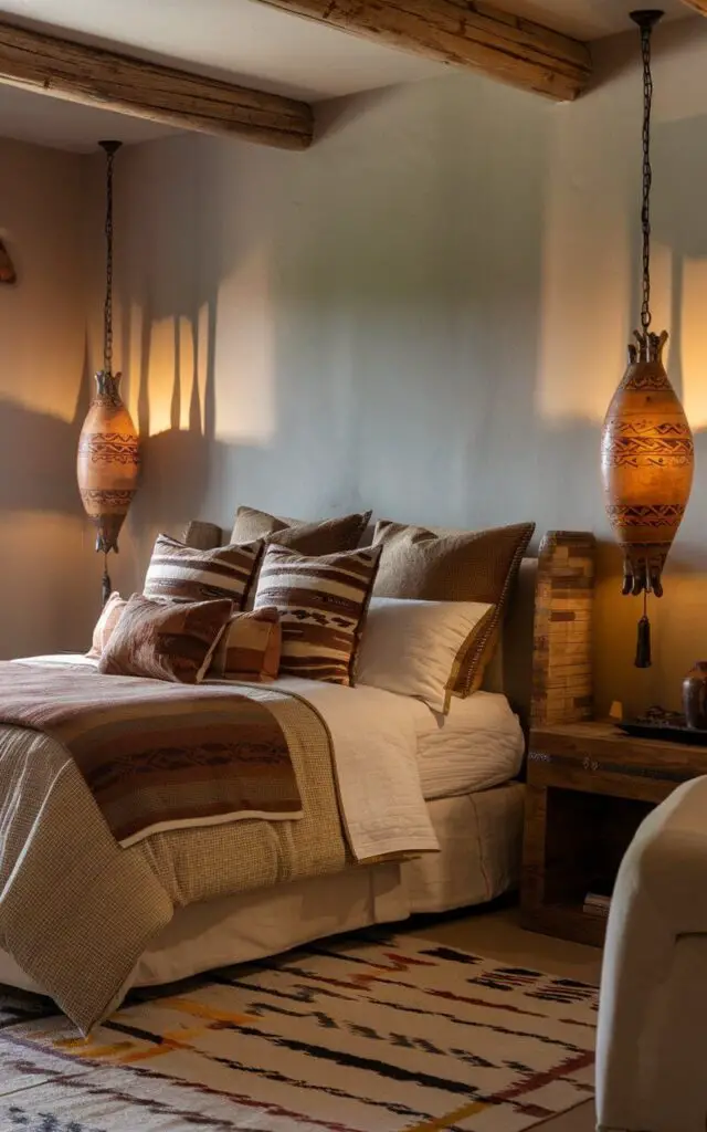 A photo of a Southwestern bedroom with a cozy bed. The bed is dressed with earth-toned bedding and is placed against a wall with wooden furnishings. The room has a neutral color palette and is illuminated by hanging pendant lights with intricate tribal designs. The soft, warm glow from the sconces highlights the room's features.