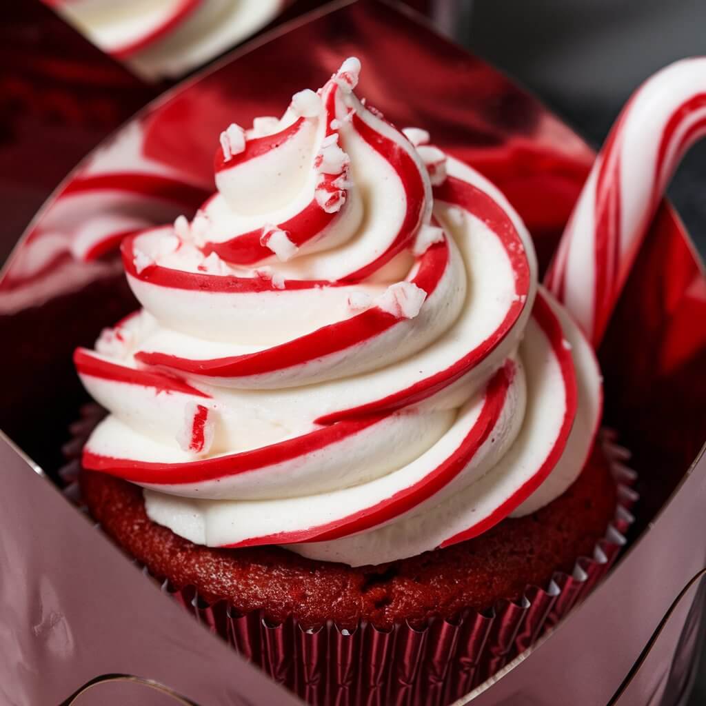 A photo of a peppermint cupcake. The cupcake has a tall swirl of bright red and white frosting that mimics a candy cane's iconic pattern. The frosting is topped with finely crushed candy cane pieces, giving a textured, festive look. The cupcake is nestled in a metallic red wrapper, and a small whole candy cane is inserted at an angle.