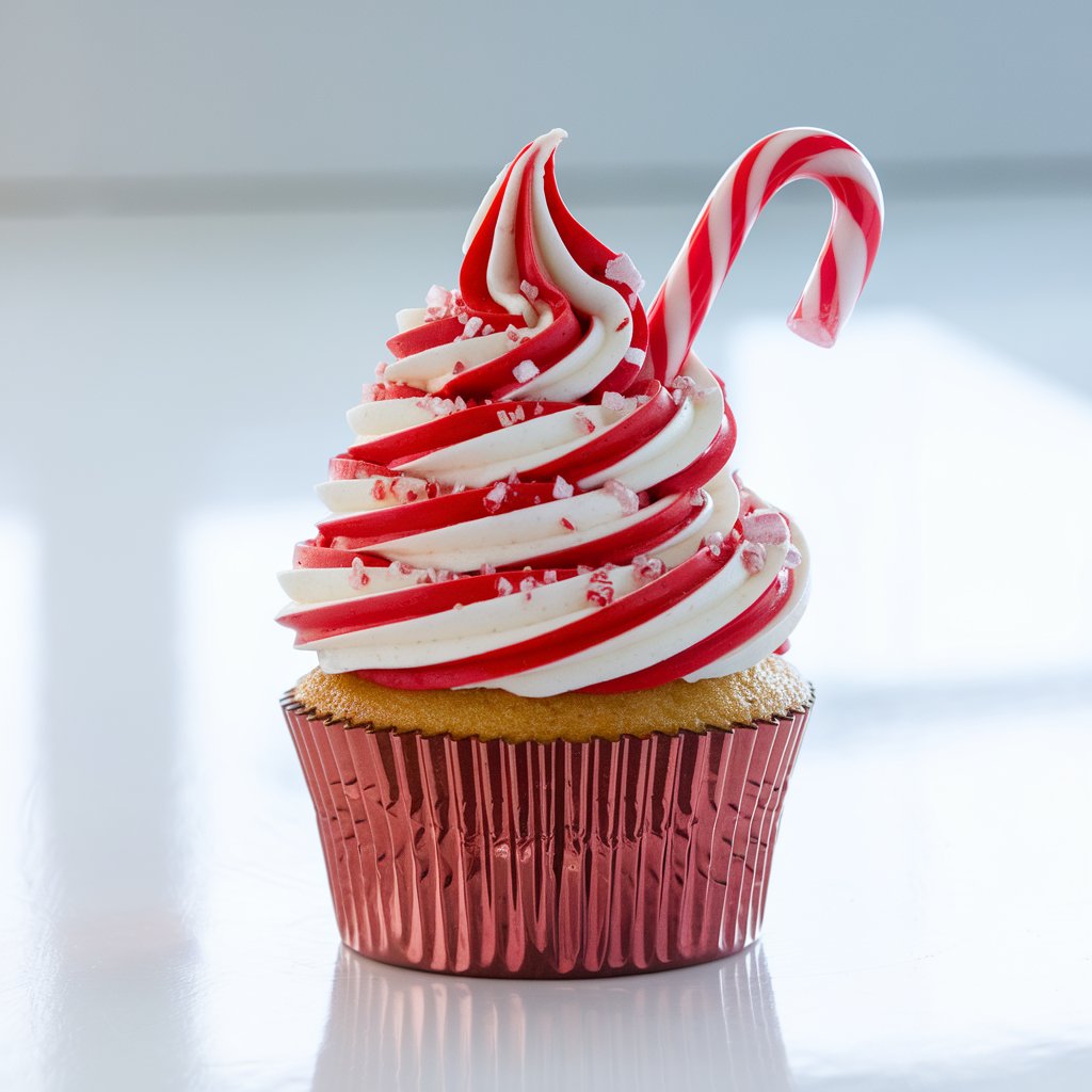 A visually stunning cupcake with a candy cane swirl frosting. The cupcake is placed on a bright plain white kitchen countertop. The glowing natural light enhances the bright red and white swirl of the frosting. The tall spiral of buttercream is expertly piped to mimic the pattern of a candy cane, alternating between vivid scarlet and pure white stripes that glisten slightly under the light. Finely crushed candy cane pieces are sprinkled across the surface, their crystalline shards catching subtle highlights. A small, whole candy cane is inserted playfully at an angle from the top, giving the cupcake a whimsical holiday charm. The base is wrapped in a shiny metallic red liner that reflects the festive colors around it, perfectly complementing the bold candy-cane theme.