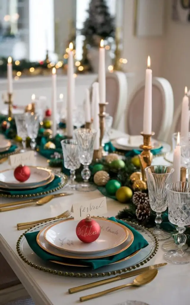 A photo of a Christmas dining table in a chic dining room. Each place setting has a handwritten place card inside a small red ornament. The table is decorated with a green and gold color scheme. There are elegant crystal glassware and candles on the table. The background has a few Christmas decorations.