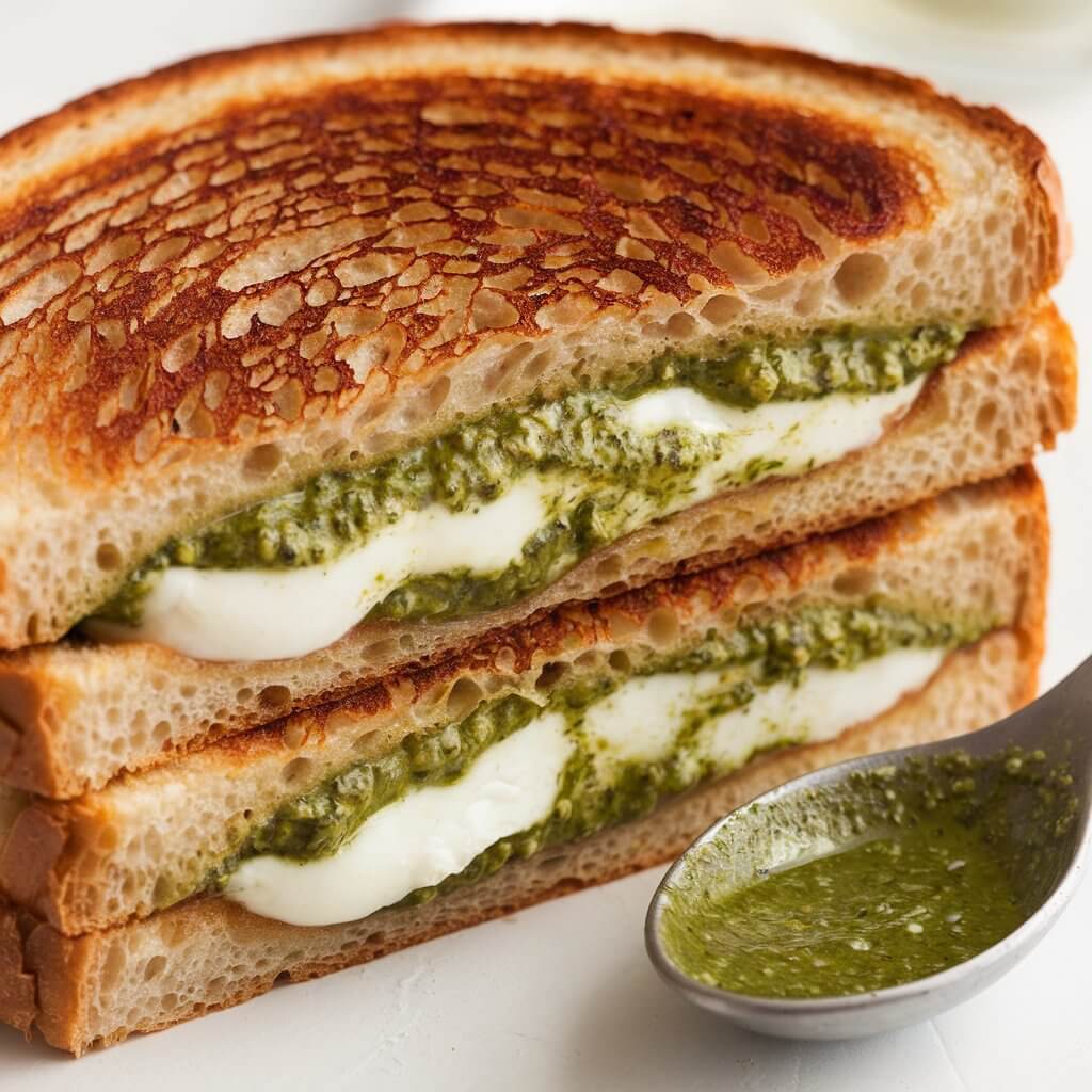 A photo of a pesto grilled cheese sandwich with a side of pesto. The sandwich has crisp, browned bread with a slight crunch. The green pesto is visibly mixed with melted mozzarella between the bread slices. There are swirls of pesto, adding a burst of color and freshness to the grilled cheese. A spoonful of pesto is placed on the side, highlighting the flavor.