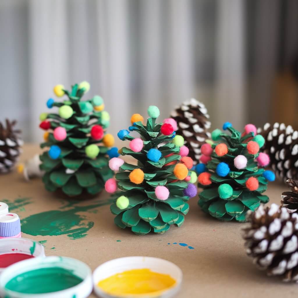 A photo of a nature-inspired craft project. There are miniature pinecone Christmas trees with green pinecones and colorful pom-pom ornaments. The pinecones are painted green, and the pom-poms are in various colors. The miniature trees are arranged on a craft table. There are paints, glue, and scattered pinecones on the table. The background is blurred and contains a window with curtains.