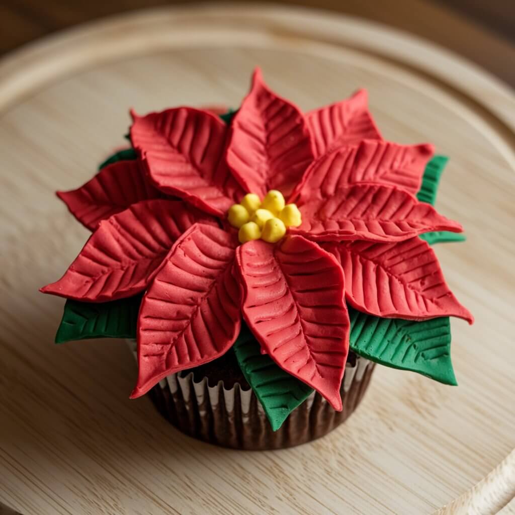 A photo of a cupcake with a beautifully decorated poinsettia flower made of bright red buttercream frosting. The petals are arranged in layers to form a realistic flower with a yellow center. Green leaves are added for contrast. The cupcake is in a simple, white liner, drawing attention to the vibrant poinsettia. The background is a wooden board.