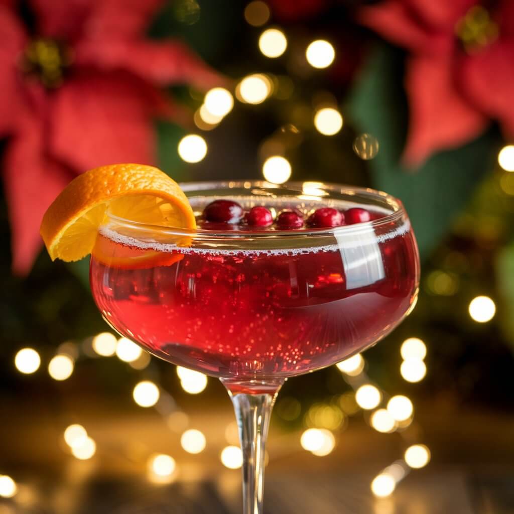 A photo of a poinsettia punch cocktail in a stemmed glass. The cocktail has a deep red hue and is garnished with an orange twist and a few floating cranberries. The cocktail is set against a holiday background of poinsettia flowers and glowing fairy lights. The vibrant color and sparkling bubbles create a lively, festive atmosphere.