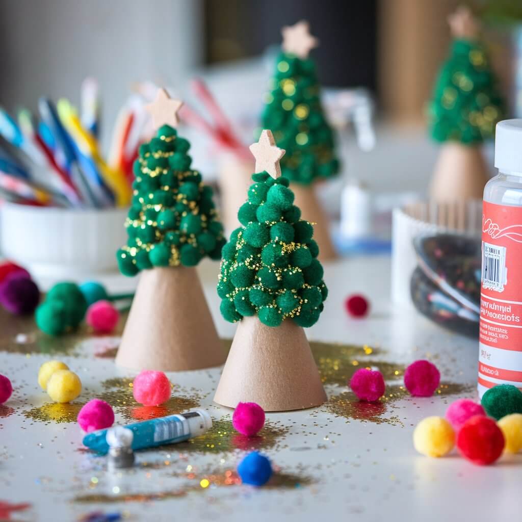 A photo of a table with various crafting supplies. There are mini Christmas trees made from green pom-poms glued onto cone-shaped bases, each with a small star decoration on top. The table is scattered with colorful pom-poms, glue, and glitter. The background is blurred and contains a few more mini Christmas trees.