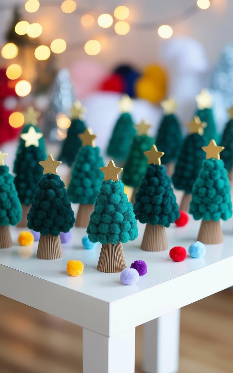 A plain white rectangular table is positioned in a brightly lit room. Numerous miniature Christmas trees, constructed from green pom-poms adhered to cone-shaped cardboard bases, are arranged across the table's surface, each topped with a small gold star. A scattering of colorful pom-poms in shades of red, blue, purple, and yellow are dispersed between the trees. The background is intentionally blurred, suggesting a space filled with additional miniature Christmas trees and soft holiday decorations.