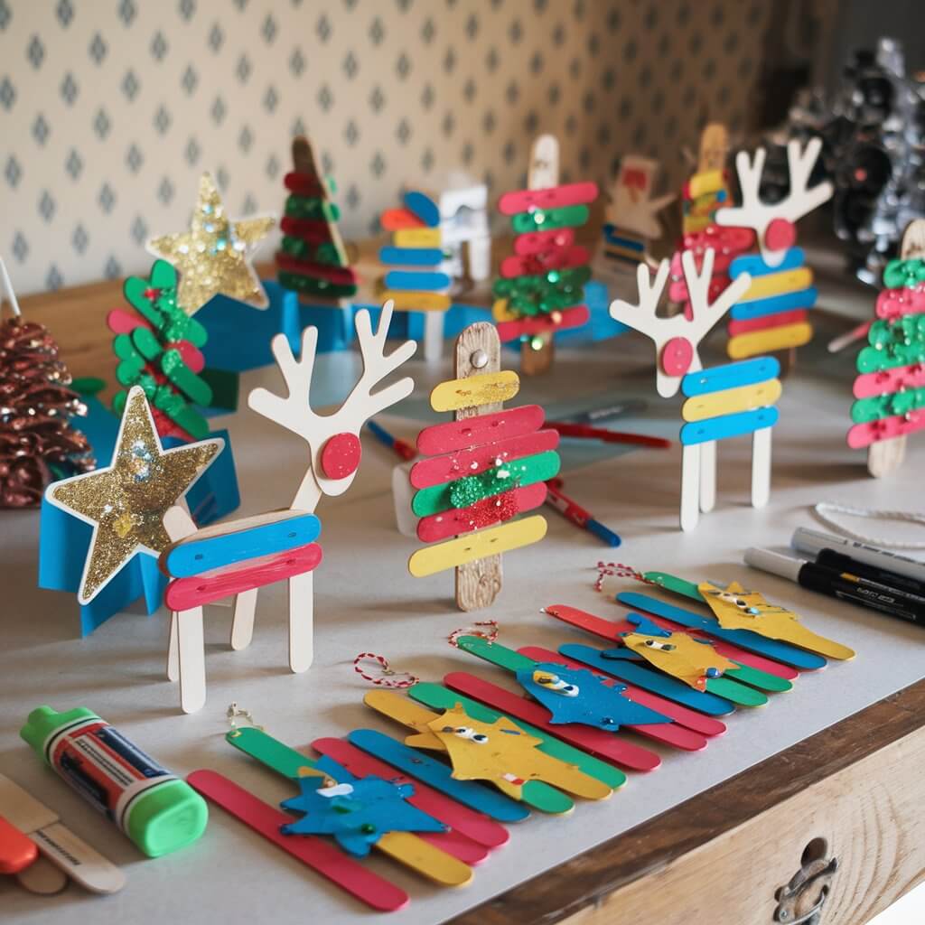 A photo of a craft table with various popsicle stick crafts displayed as finished ornaments. There are stars, reindeer, and Christmas trees, all colorfully painted and decorated with glitter and small embellishments. There are also popsicle sticks, glue, and markers on the table. The background is a wall with a patterned fabric.