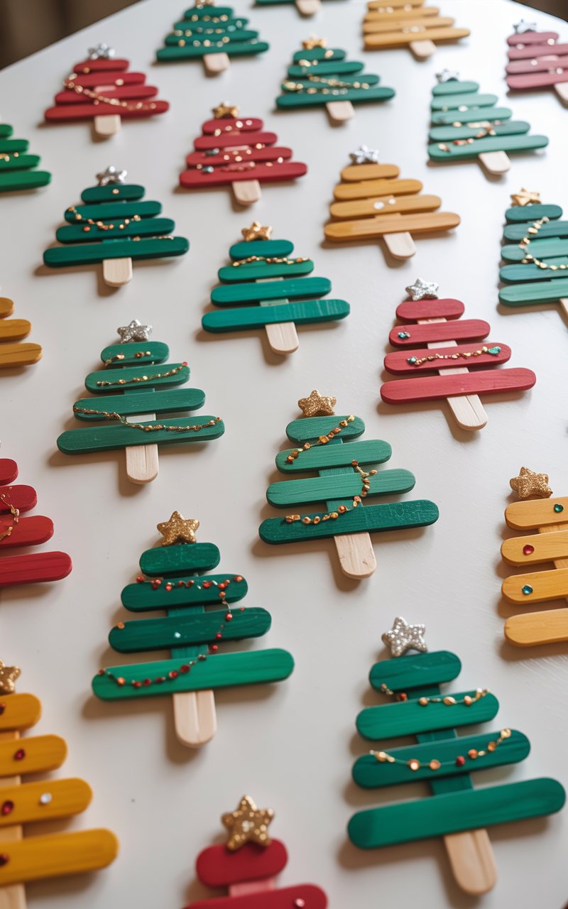 A photograph of a clean white craft table displaying an array of handmade Christmas ornaments constructed entirely from popsicle sticks. The miniature Christmas trees are painted in festive colors like emerald green, ruby red, and golden yellow, each adorned with sparkling glitter that catches the light and tiny embellishments such as sequins, small beads, and miniature bows. The popsicle stick trees are arranged in neat rows across the table surface, showcasing different decorative styles and color combinations. Soft, even lighting illuminates the crafts from above, creating a cheerful holiday crafting atmosphere with gentle shadows beneath each ornament.
