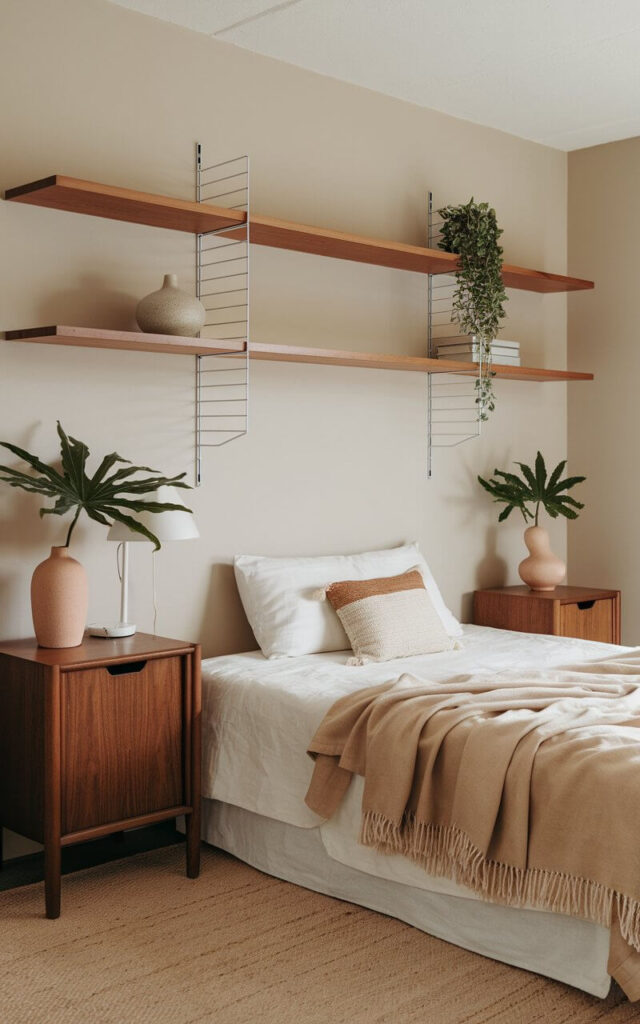 A photo of a Japandi-style bedroom with a beige wall, wooden furniture, and a white ceiling. There's a bed with a beige blanket and a white pillow. A wooden nightstand is placed on the left side of the bed, holding a white lamp and a beige vase with a potted plant. Another nightstand with a beige vase and a potted plant is placed on the right side of the bed. There are wooden shelves above the bed, holding a beige vase and a potted plant. The floor is covered with a beige rug.