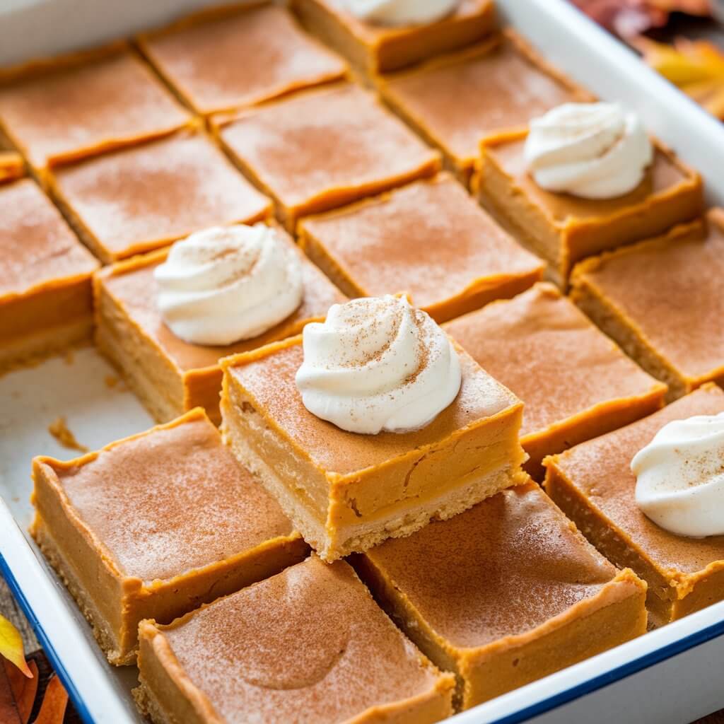 A photo of golden-brown pumpkin pie bars in a white tray. The bars are neatly cut into squares and are arranged well. Each bar has a creamy orange pumpkin layer topped with a light dusting of cinnamon, set on a flaky, buttery crust. A few bars have a dollop of whipped cream on top, adding a festive touch. The background is a wooden surface with a few autumn leaves.