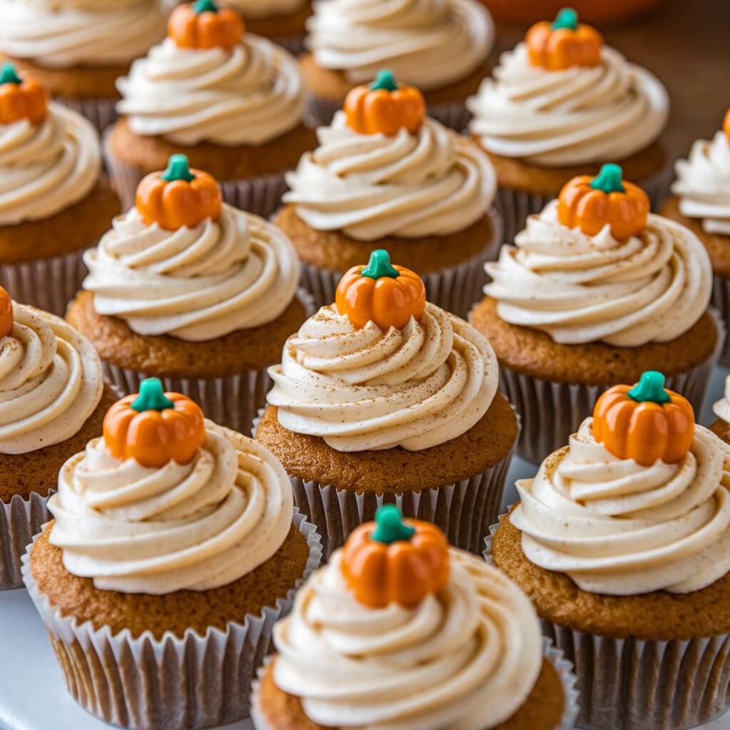 A photo of a display of pumpkin spice cupcakes. Each cupcake is frosted with a swirl of cream cheese icing. The warm orange cupcakes are sprinkled with cinnamon and topped with mini pumpkin candies, making them look festive and perfect for Thanksgiving.