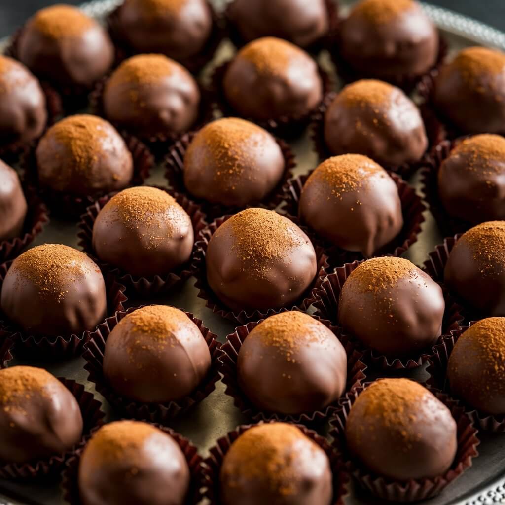 A photo of a luxurious display of pumpkin spice truffles. Each truffle is coated in smooth chocolate and dusted with cinnamon. The truffles are arranged on a chic platter. The rich, dark chocolate exterior provides a contrast to the warm, spiced filling inside.