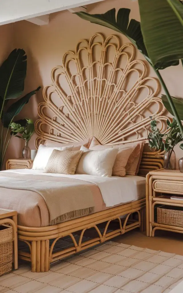 A photo of a boho bedroom with a cozy bed framed by a stunning rattan headboard. The room contains rattan furniture, including a matching bedside table and woven storage baskets. There are green indoor plants in the room. The space has an earthy color palette of warm tans, soft browns, and off-whites.