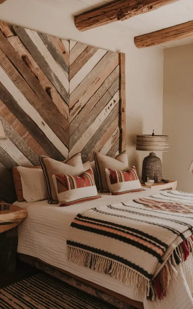 A cozy Southwestern bedroom with a rustic charm. The room contains a bed with a striking reclaimed wood headboard. The natural imperfections of the weathered wood add to the room's appeal. The bed is covered with soft bedding and woven blankets, creating a harmonious balance. The room has a warm and inviting ambiance.