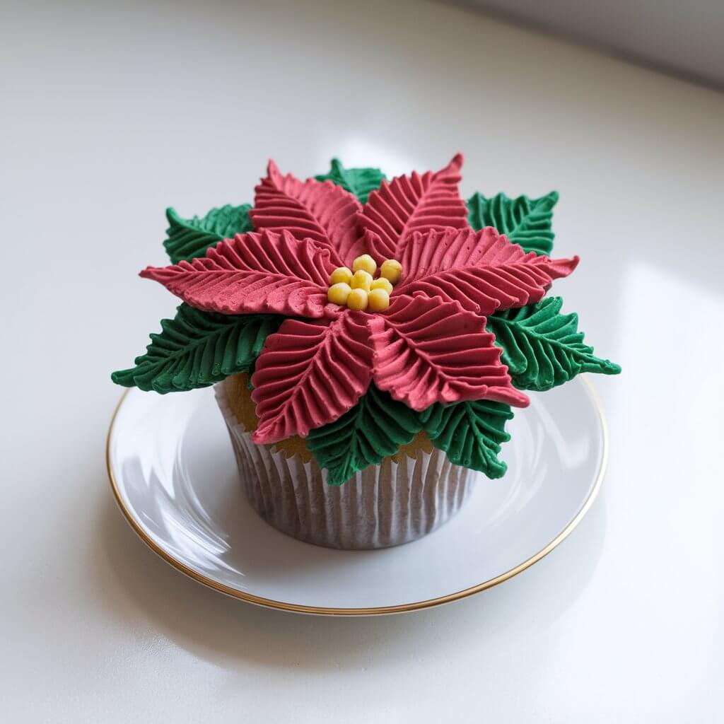 A festive cupcake with a poinsettia design. The cupcake is placed on a plate and placed on a white countertop. The poinsettia is made of red and green buttercream frosting, with the red petals forming the flower and the green leaves surrounding the base. The petals have fine piping detail, creating the realistic look of delicate leaf veins. At the center of the flower sits a small cluster of tiny yellow frosting dots, perfectly forming the poinsettia's heart. The cupcake is housed in a simple white liner, which enhances the vibrancy of the poinsettia and maintains a crisp, elegant presentation. The reflection of soft daylight off the frosting gives the entire scene a festive and graceful aura.