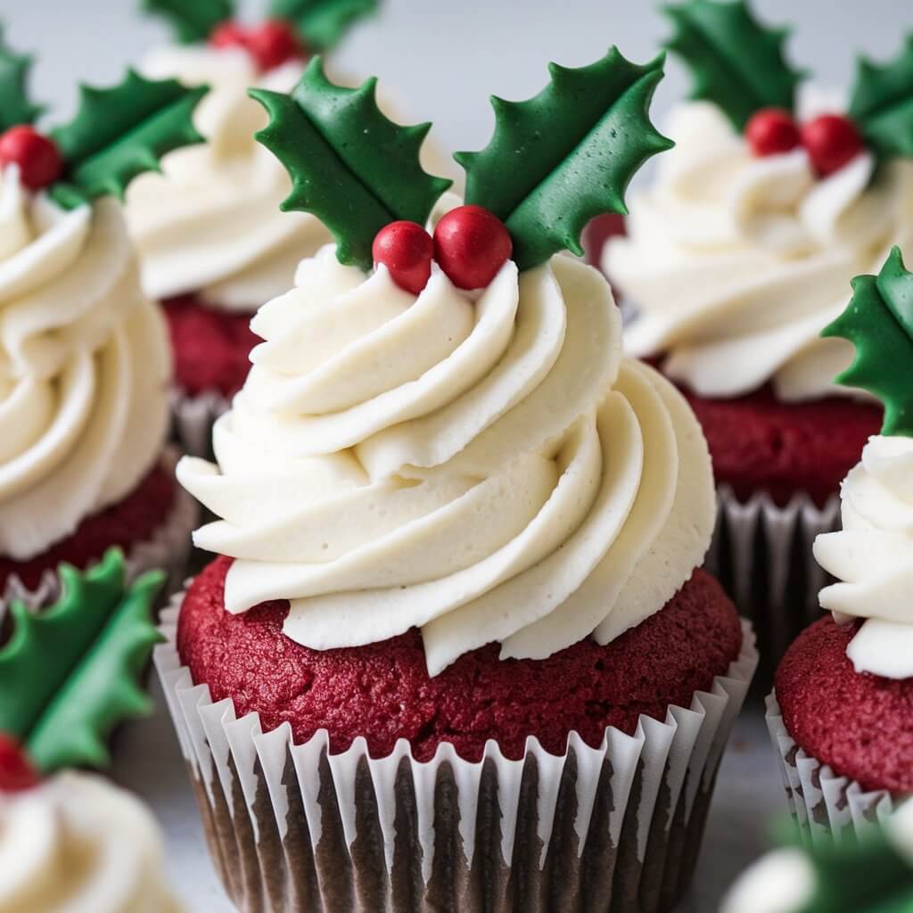 A photo of a red velvet cupcake with a tall swirl of white cream cheese frosting and fondant decorations in the shape of green holly leaves and red berries. The cupcake is in a white cupcake liner, and the deep red color of the cupcake is visible through the liner. The frosting contrasts beautifully with the cupcake and the decorations.