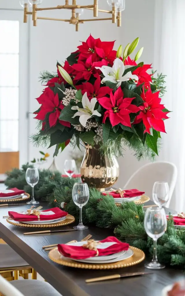 A photo of a modern dining room with a beautifully decorated Christmas dining table. The table is set for dinner with gold-accented dinnerware and festive red napkins. A large floral centerpiece of red poinsettias and white lilies mixed with greenery sits in a golden vase. A garland of pine needles runs down the table, adding to the lush and elegant atmosphere of the dining room.