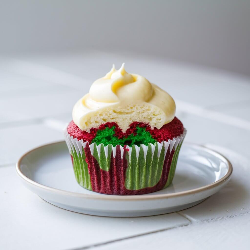 A photo of a cupcake with a marbled red and green batter, creating a festive, colorful swirl visible through the cupcake's sides. The cupcake is topped with a smooth, creamy layer of vanilla or cream cheese icing, providing a soft contrast to the bold colors within. The frosting is spread evenly, allowing the colorful batter to take center stage without overpowering it. The cupcake sits in a white liner, showcasing the holiday colors in a simple, elegant way, placed on a white ceramic plate on a bright white table.