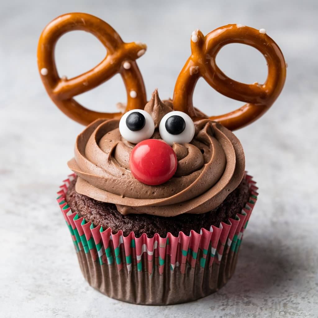 A photo of a whimsical cupcake with pretzel "antlers". The cupcake is topped with a chocolate brown frosting. The frosting is adorned with two candy eyes and a large red candy nose, forming a reindeer face that resembles Rudolph. The cupcake is placed on a festive red cupcake liner, matching the red nose.