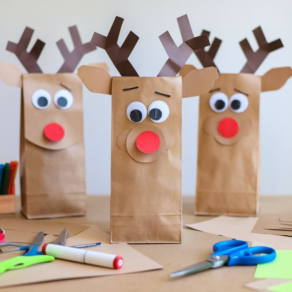 A craft table with brown paper bag reindeer puppets with googly eyes, red noses, and antlers made from construction paper. The reindeer puppets are standing upright. There are scissors, markers, and craft paper on the table, inviting kids to make their own reindeer puppet creations.