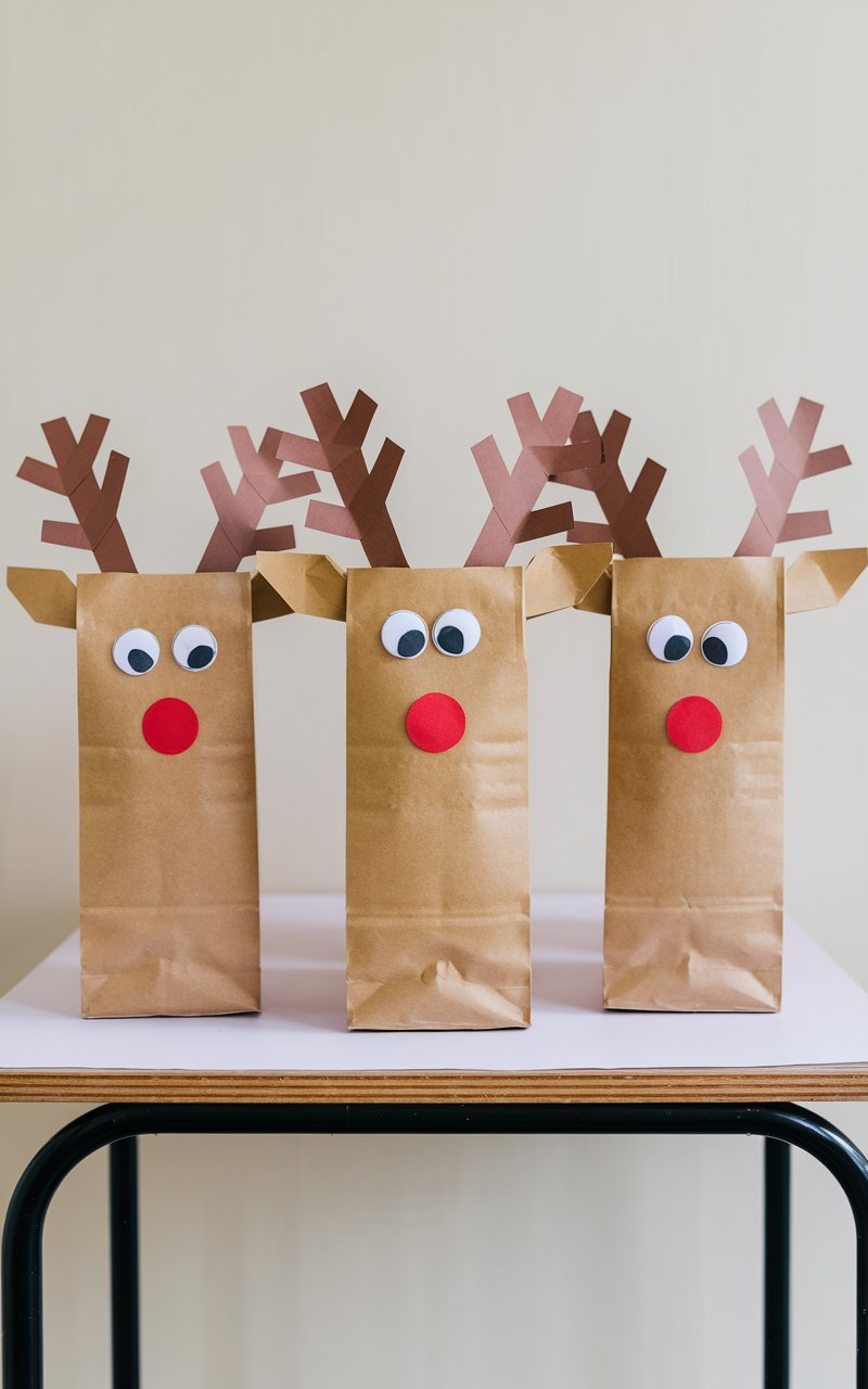 A craft table with brown paper bag reindeer puppets with googly eyes, red noses, and antlers made from construction paper. The reindeer puppets are standing upright. The table is placed on a plain white background.