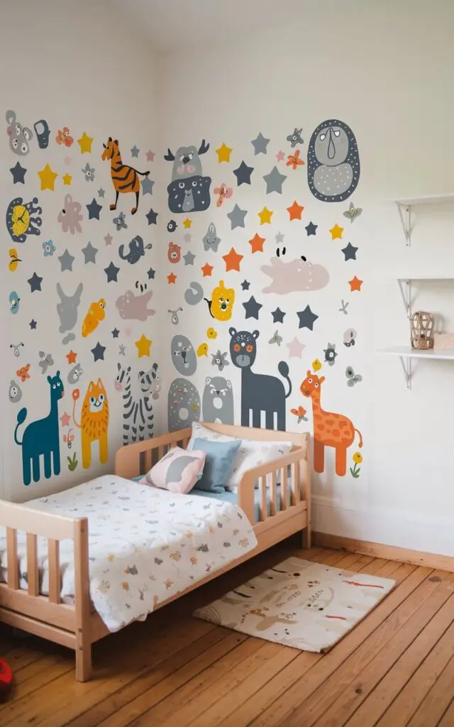 A photo of a small toddler bedroom with a colorful removable wall decal of animals and stars surrounding a cozy toddler bed. The room has a wooden floor and a small rug near the bed. There is a single piece of furniture, a white shelf, on the wall opposite the bed. The overall room is bright and has soft lighting.